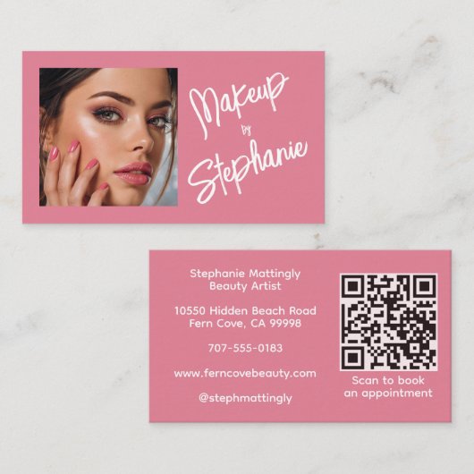 Blush Pink Script QR Code Photo Makeup Visitenkarte (Vorne/Hinten)