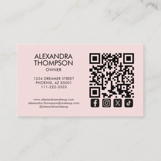 Blush Pink Script Qr Code Social Icon Makeup Visitenkarte (Rückseite)