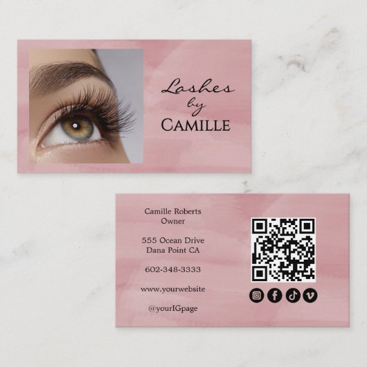Blush Pink Script Social Icon QR Code Photo Lash Visitenkarte (Vorne/Hinten)