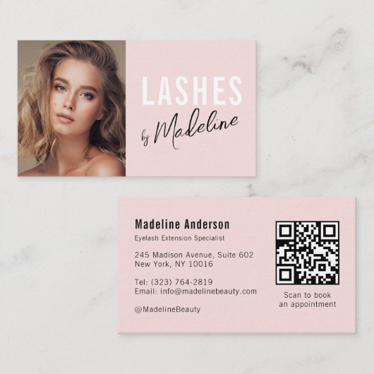 Blush Pink Script Social Icon QR Code Photo Lashes Visitenkarte (Vorne/Hinten)
