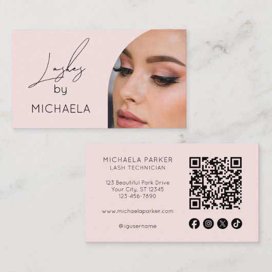 Blush Pink Script Social Icon QR Code Photo Lashes Visitenkarte (Vorne/Hinten)