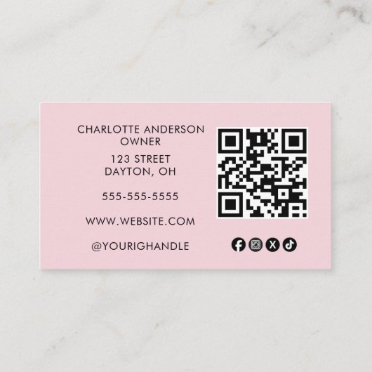 Blush Pink Script Social Icon QR Code Photo Makeup Visitenkarte (Rückseite)