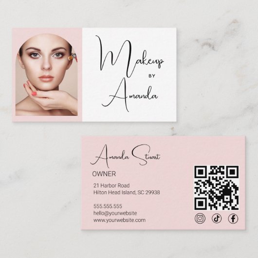 Blush Pink Script Social Icon QR Code Photo Makeup Visitenkarte (Vorne/Hinten)