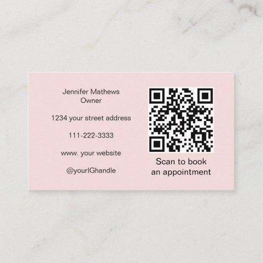 Blush Pink Script Social Icon QR Code Photo Makeup Visitenkarte (Rückseite)