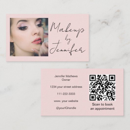 Blush Pink Script Social Icon QR Code Photo Makeup Visitenkarte (Vorne/Hinten)