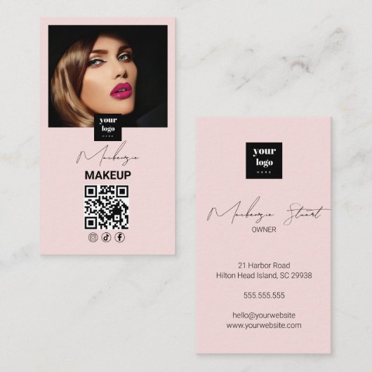 Blush Pink Script Social Icon QR Code Photo Makeup Visitenkarte (Vorne/Hinten)