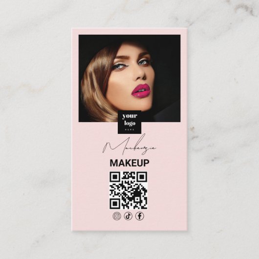 Blush Pink Script Social Icon QR Code Photo Makeup Visitenkarte (Vorderseite)