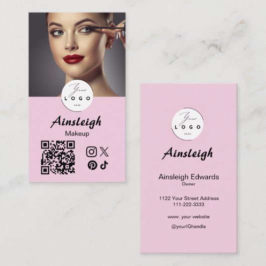 Blush Pink Script Social Icon QR Code Photo Makeup Visitenkarte (Vorne/Hinten)