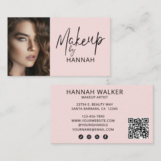 Blush Pink Script Social Icon QR Code Photo Makeup Visitenkarte (Vorne/Hinten)