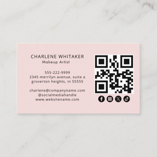 Blush Pink Script Social Icon QR Code Photo Makeup Visitenkarte (Rückseite)