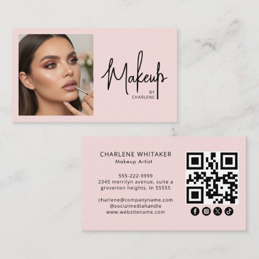 Blush Pink Script Social Icon QR Code Photo Makeup Visitenkarte (Vorne/Hinten)