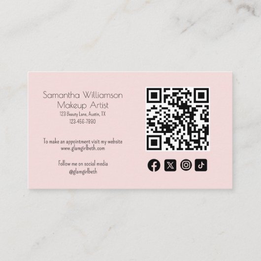 Blush Pink Script Social Icon QR Code Photo Makeup Visitenkarte (Rückseite)
