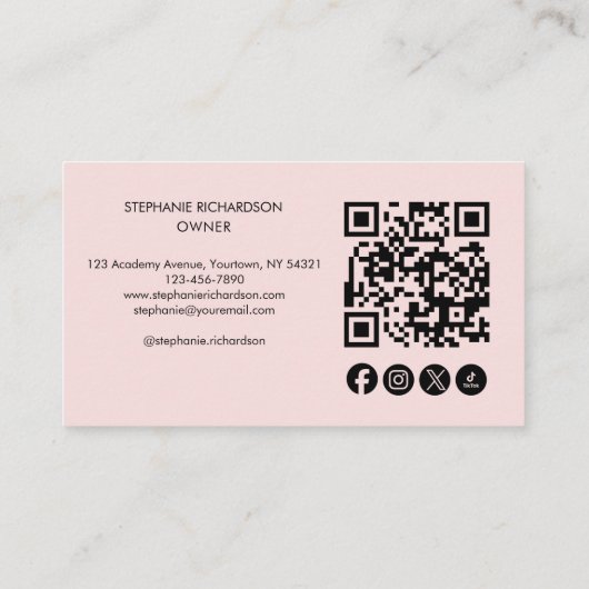 Blush Pink Script Social Icon QR Code Photo Makeup Visitenkarte (Rückseite)