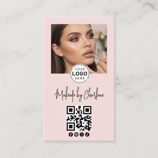 Blush Pink Script Social Icon QR Code Photo Makeup Visitenkarte (Vorderseite)