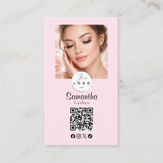 Blush Pink Script Social Icon QR Code Photo Makeup Visitenkarte (Vorderseite)