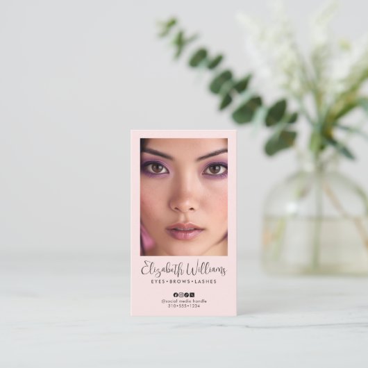Blush Pink Script Social Icon QR Code Photo Makeup Visitenkarte (Stehend Vorderseite)