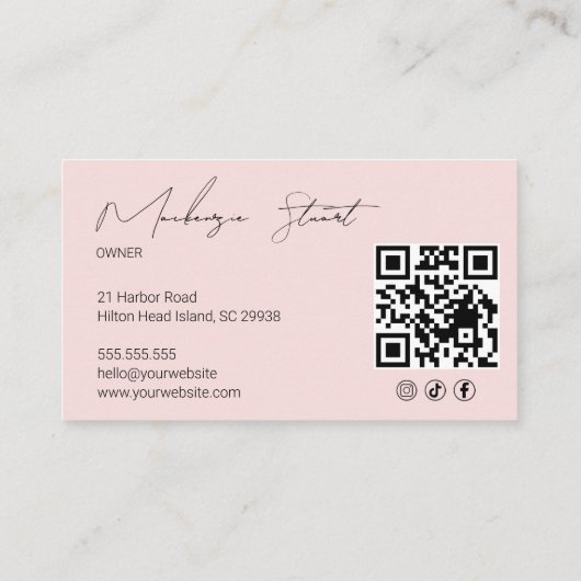 Blush Pink Script Social Icon QR Code Photo Makeup Visitenkarte (Rückseite)