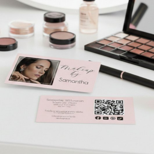 Blush Pink Script Social Icon QR Code Photo Makeup Visitenkarte