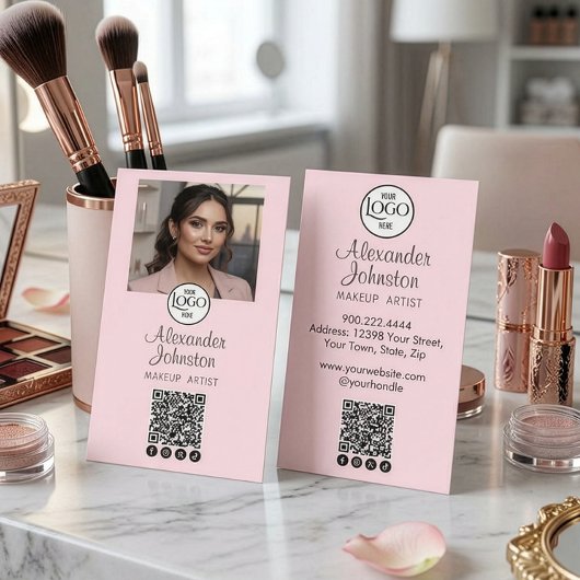 Blush Pink Script Social Icon QR Code Photo Makeup Visitenkarte