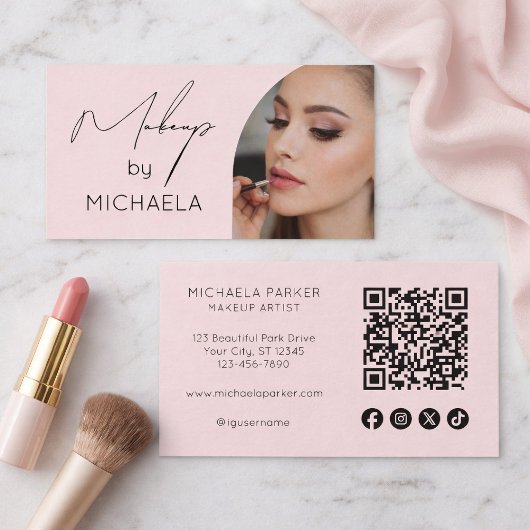Blush Pink Script Social Icon QR Code Photo Makeup Visitenkarte