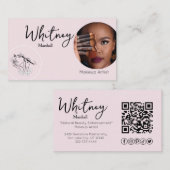 Blush Pink Script Social Icon QR Code Photo Makeup Visitenkarte (Vorne/Hinten)