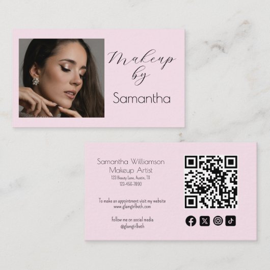 Blush Pink Script Social Icon QR Code Photo Makeup Visitenkarte (Vorne/Hinten)