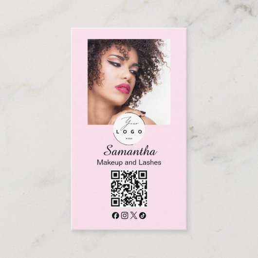 Blush Pink Script Social Icon QR Code Photo Makeup Visitenkarte (Vorderseite)