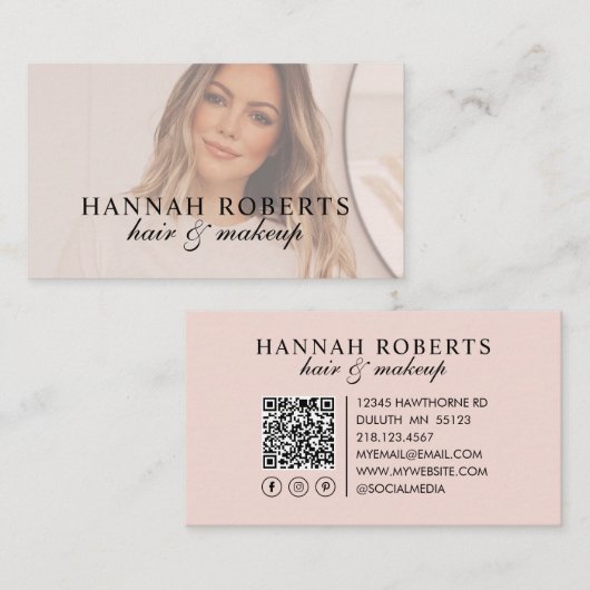 Blush Pink Script Social QR Code Photo Hair Makeup Visitenkarte (Vorne/Hinten)
