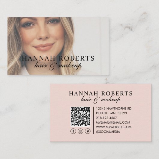 Blush Pink Script Social QR Code Photo Hair Makeup Visitenkarte (Vorne/Hinten)