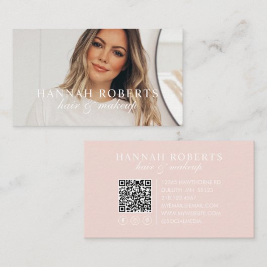 Blush Pink Script Social QR Code Photo Hair Makeup Visitenkarte (Vorne/Hinten)