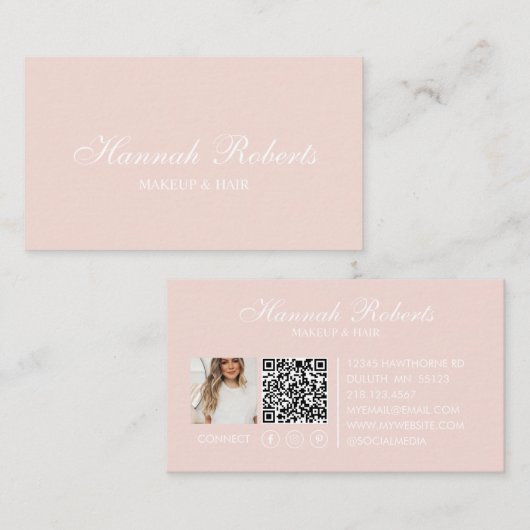 Blush Pink Script Social QR Code Photo Hair Makeup Visitenkarte (Vorne/Hinten)