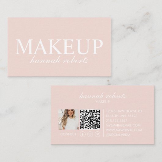 Blush Pink Script Social QR Code Photo Makeup Visitenkarte (Vorne/Hinten)
