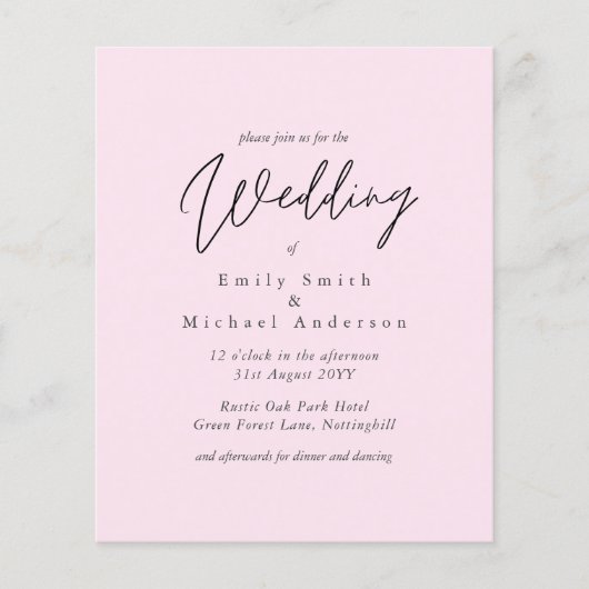 Blush Pink Script Typografie nur Budget Hochzeit (Vorderseite)