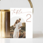 Blush Pink Script Wedding | Minimalistisches Arch- Tischnummer<br><div class="desc">Fügen Sie Ihrer Hochzeitsfeier eine sanfte, romantische Touch mit dieser eleganten Tischnummer-Karte hinzu, die mit einem rosafarbenen Drehbuch und einem eigenen Foto aus Bogen ausgestattet ist. Diese weiche, rosa Rose-Tischnummer ist in einem minimalistischen Stil gestaltet und eignet sich ideal für Hochzeiten mit einem rosa, blauen oder einem neutralen Thema. Lassen...</div>