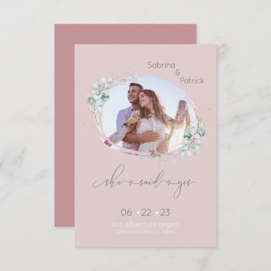 Blush Pink Sie sagte ja Foto Save The Date (Vorne/Hinten)