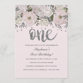 Blush Pink Silver Blume Floral Einmal Geburtstag Einladung