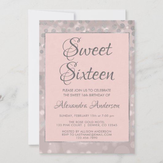 Blush Pink & Silver Confetti Sweet 16 Geburtstag Einladung (Vorderseite)