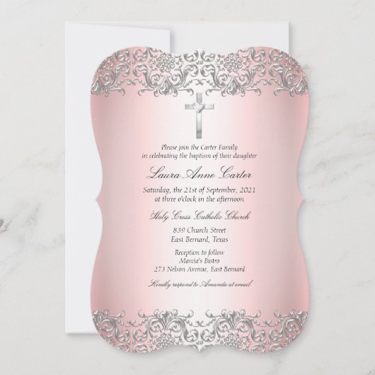 Blush Pink Silver Damask Cross Taufe Christening Einladung (Vorderseite)