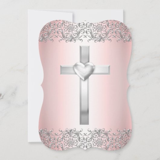 Blush Pink Silver Damask Cross Taufe Christening Einladung (Rückseite)