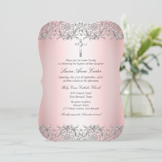 Blush Pink Silver Damask Cross Taufe Christening Einladung (Stehend Vorderseite)