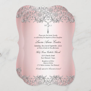 Blush Pink Silver Damask Cross Taufe Christening Einladung