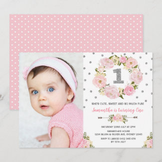 Blush Pink Silver Floral Erster Geburtstag Einladu Einladung