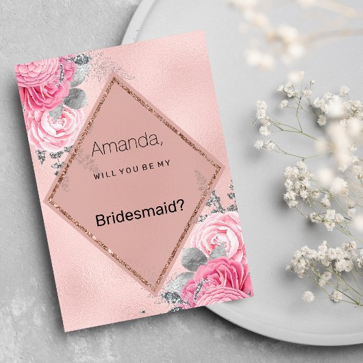 Blush pink silver glitter peony floral  Bridesmaid Einladung