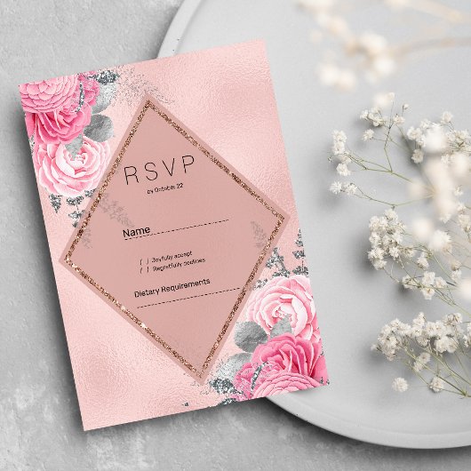 Blush pink silver glitter peony floral RSVP  Einladung