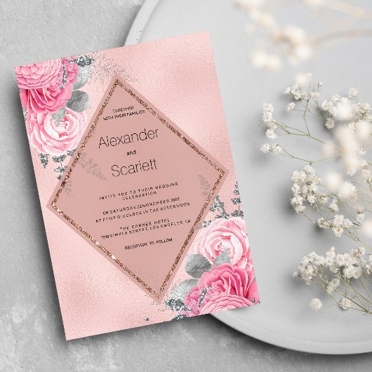 Blush pink silver glitter peony floral Wedding  Einladung