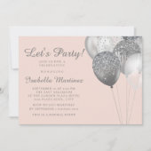 Blush Pink Silver Glitzer Balloons Sweet 16 Einladung (Vorderseite)