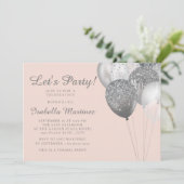 Blush Pink Silver Glitzer Balloons Sweet 16 Einladung (Stehend Vorderseite)