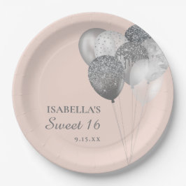 Blush Pink Silver Glitzer Balloons Sweet 16 Pappteller