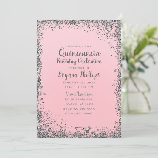 Blush Pink & Silver Glitzer Crown Quinceañera 15 Einladung (Stehend Vorderseite)