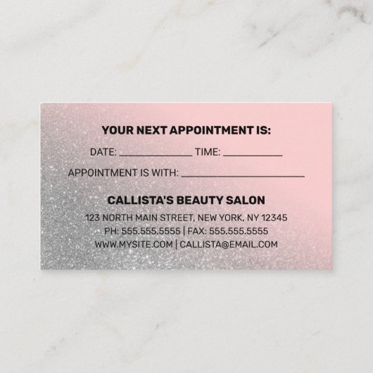 Blush Pink Silver Glitzer Gradient Typografie Terminkarte (Rückseite)